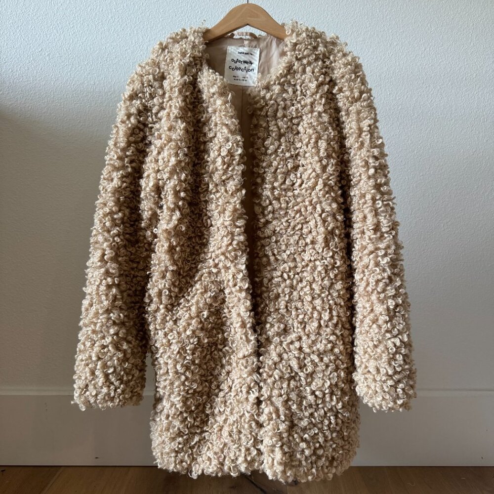 Zara Girls Sherpa Teddy Coat Camel Tan Furry Jacket Size 10 Minimalist Trend - Picture 2 of 14